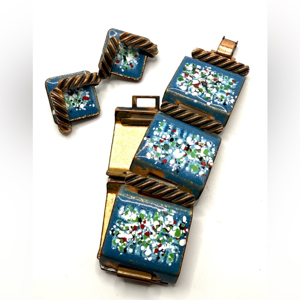 Vintage Matisse Copper Enamel Bracelet & Earrings Set Blue Confetti Enamel MCM